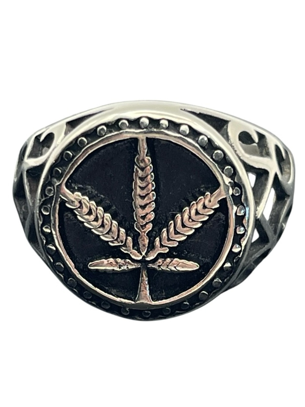 Cannabis leaf pot silver tone open scroll ring size 13